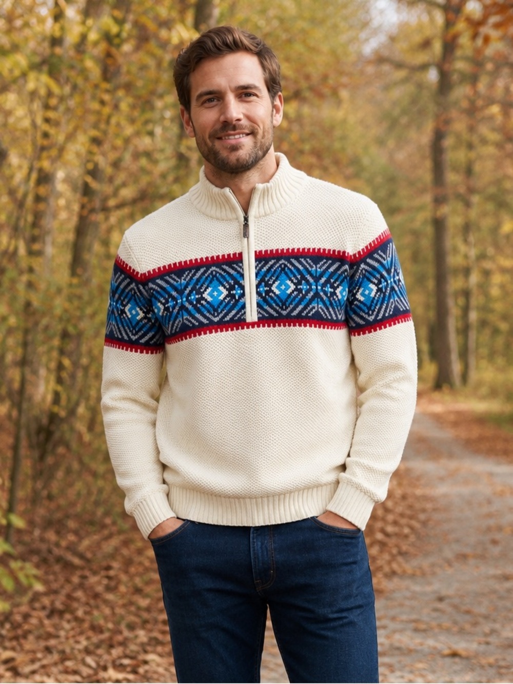 IZOD Men’s Large Fair Isle Nordic Quarter-Zip Cotton Blend Sweater Classic